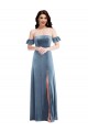 Long Dusty Blue Ruffle Sleeves A-Line Low Back Formal Dress / Bridesmaid Dress Leeds