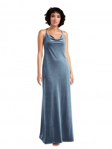 Long Dusty Blue Sleeveless Sheath V-Back Bridesmaid Dress / Evening Dress Leeds