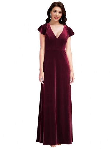 Long Burgundy Flutter Sleeves A-Line Semi Formal Evening Dress / Prom Dress / Bridesmaid Dress Leeds