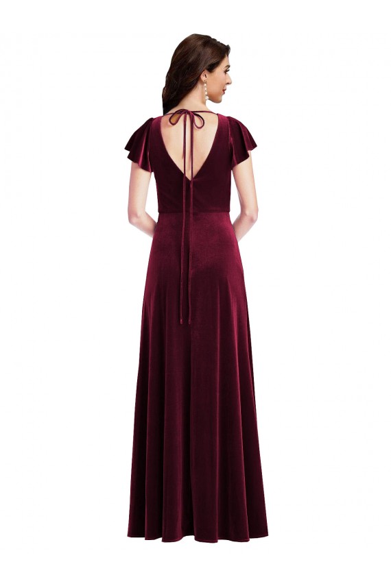 Long Burgundy Flutter Sleeves A-Line Semi Formal Evening Dress / Prom Dress / Bridesmaid Dress Leeds