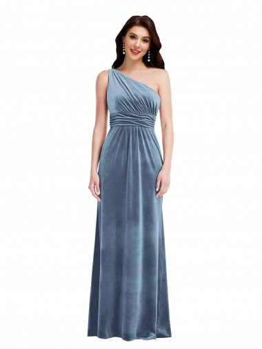 Long Dusty Blue Sleeveless A-Line Stretch Velvet Bridesmaid Dress / Evening Dress Leeds