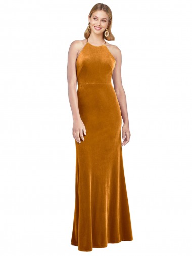 Long Gold Sleeveless A-Line Open Back Stretch Velvet Formal Evening Gown / Prom Dress / Bridesmaid Dress Leeds