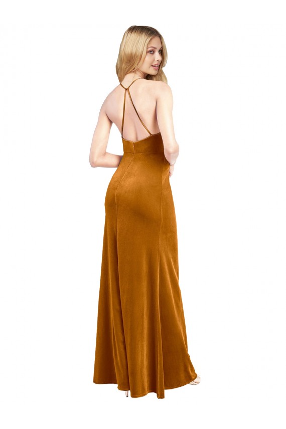 Long Gold Sleeveless A-Line Open Back Stretch Velvet Formal Evening Gown / Prom Dress / Bridesmaid Dress Leeds