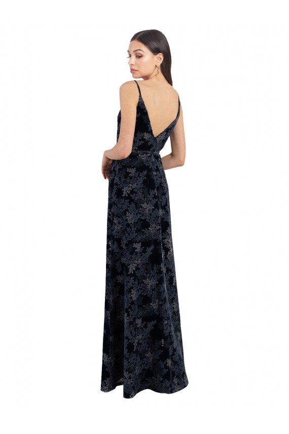 Long Dark Navy Sleeveless A-Line V-Back Floral Velvet & Stretch Velvet Bridesmaid Dress Leeds