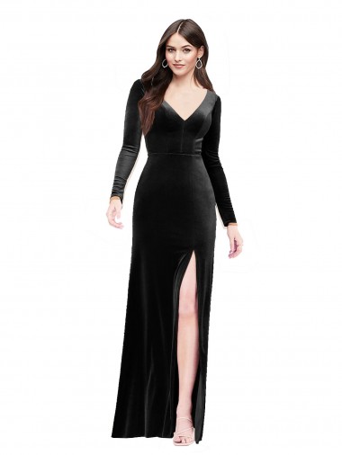 Long Black Long Sleeves Column V-Back Formal Evening Gown / Prom Dress / Bridesmaid Dress Leeds