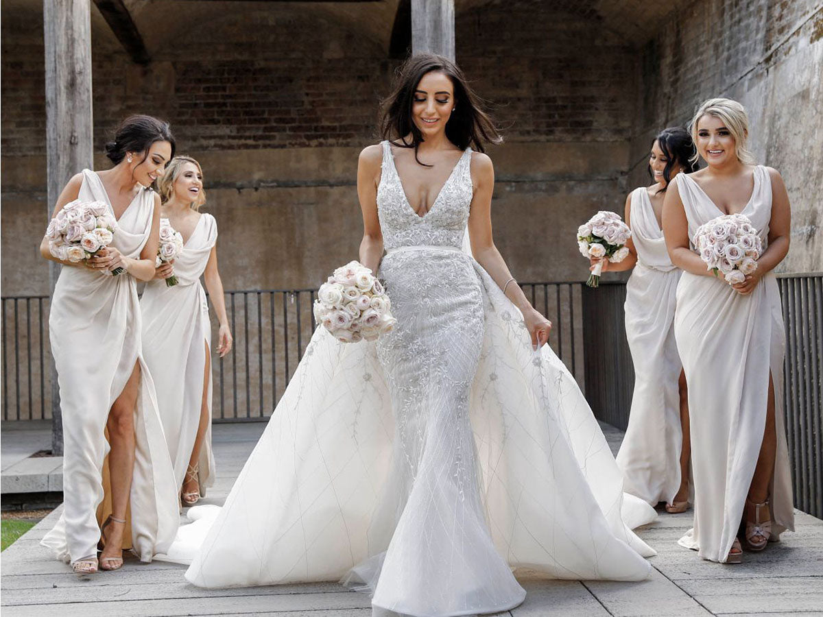 Full Length Luxe Chiffon Long Champagne bridesmaid dresses Leeds with Sexy High Slit and Front Ruffles