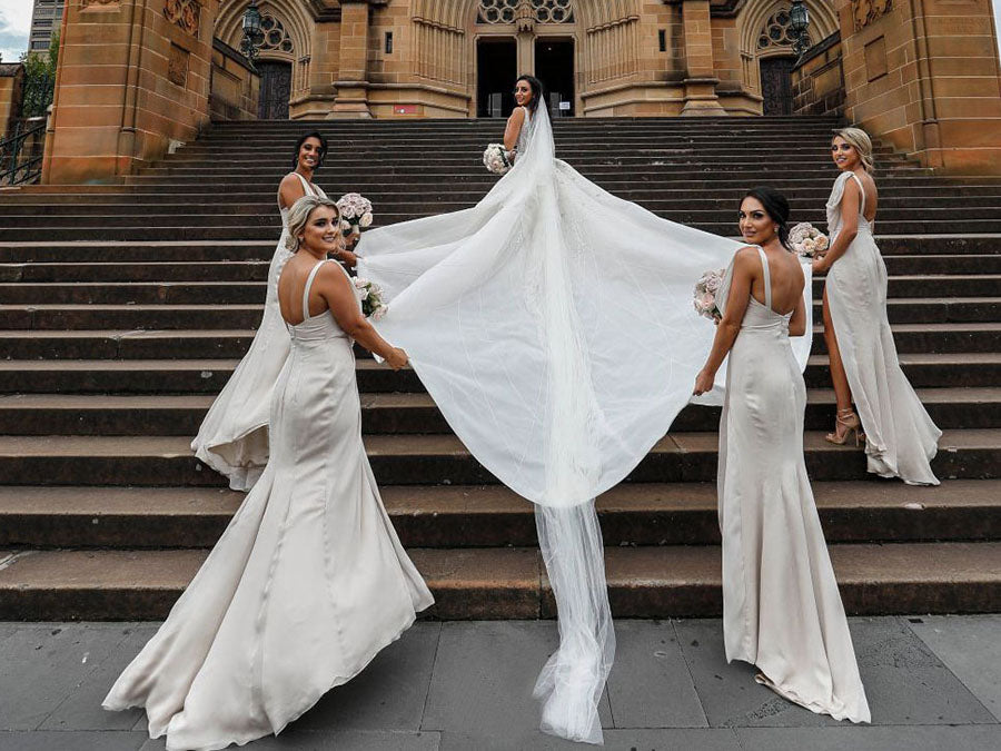 Full Length Luxe Chiffon Long Champagne bridesmaid dresses Leeds with Sexy High Slit and Front Ruffles
