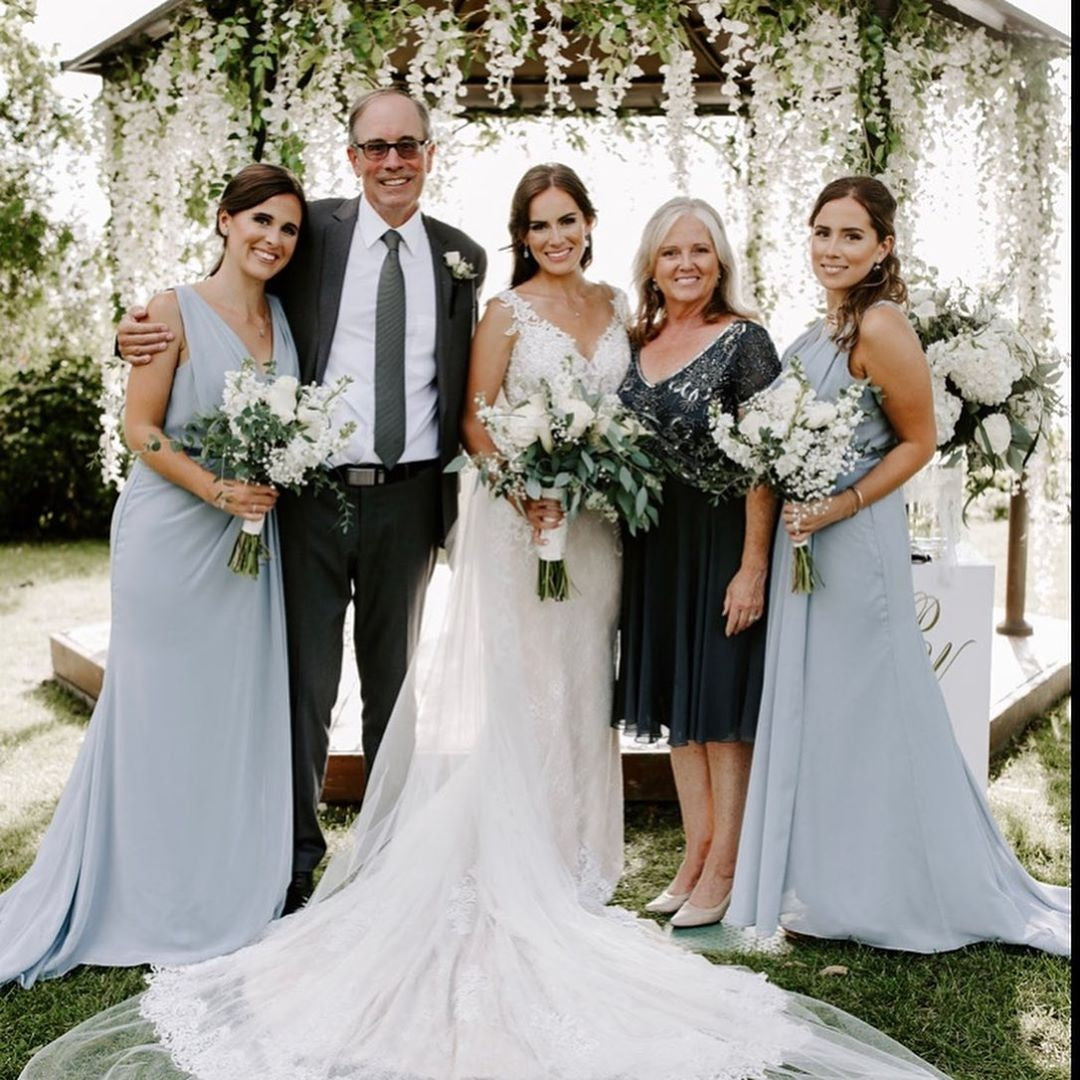 Dusty Blue Full Length Luxe Chiffon Long Champagne bridesmaid dresses Leeds with Sexy High Slit and Front Ruffles